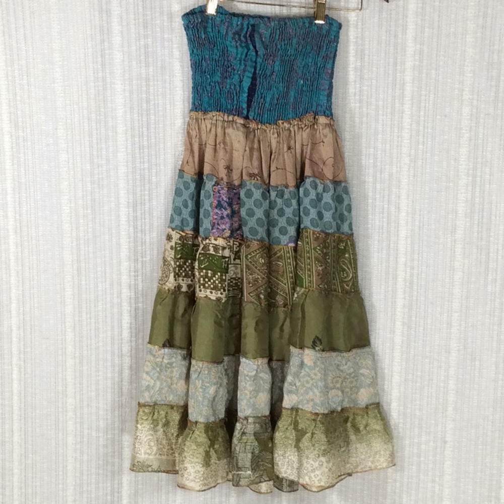 Vintage Boho Silk Sari Patchwork 2-Way Smocked Tube Dress / Maxi Skirt-XSmall - Picture 11 of 11